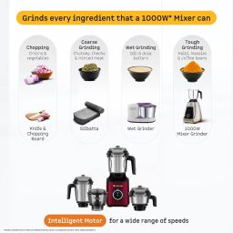 Atomberg Zenova Mixer Grinder | Unique Coarse Mode for Silbatta-like Texture | Intelligent BLDC Motor | Safety Features | 4 Jars including Chopper | Hands-Free Operation (Red Wine) image 1