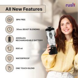 Beast Portable Blender - 600ml | For Smoothies, Juices, Milkshakes, Baby food, Crushing Ice & Dryfruits | With USB-C Rechargeable 4000 mAh Battery with detachable Built-in Jar - Black image 1