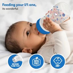 LuvLap Anti-Colic Slim/Regular Neck Essential Baby Feeding Bottle, 250ml (Pack of 2), New Born/Infants/Toddler Upto 3 Years, Jungle Tales & Wild Flowers, BPA Free,Blue image 1