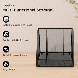Kuber Industries 4 Compartments Mesh Metal Newspaper and Magazine Organiser Stand | Letter Tray A4 Paper Documents Holder | Desktop Iron Book Rack Shelf | Desk Organiser File Disk Rack image 2