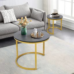 VOWNER Coffee Tables For Living Room-Small Round Coffee Table Set Of 2,Center Table With Solid Wood Grain Table Top&Sturdy Metal Frame,Nesting Tables For Small Spaces,Easy To Assemble,Black Marble image 4