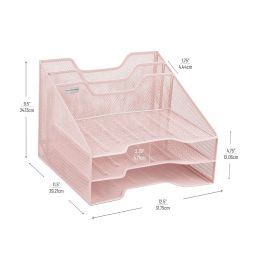 Mind Reader Network Collection, 3-Tier, 5-Compartment Desktop Organizer with 2 Vertical File Holders and 3 Horizontal Paper Trays, Desktop Organizer, Metal Mesh, 12.5" L x 11.5" W x 9.5" H, Pink image 2