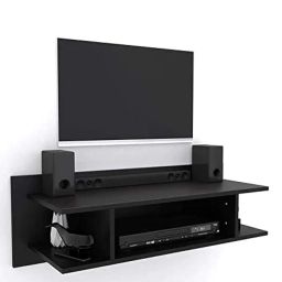Wooden Wall Mounted Matte TV Entertainment Unit,Stand/Wall-Hung TV Shelf Unit with Matte Finish, Router & Box Storage,Set-Top Box Holder,Contemporary MDF Floating TV Console- Black image 1