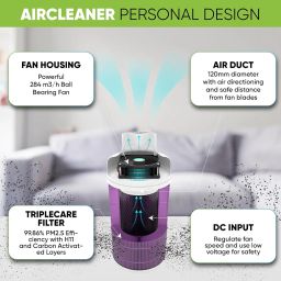 AirDeveloppa True HEPA Air Purifier: High-Efficiency Removal of Dust, Allergens and Bacteria. 320 ft² Coverage, Compact, User-Friendly Design, 6-Month-Lasting Filter, Ideal for Bedrooms (Purple) image 5