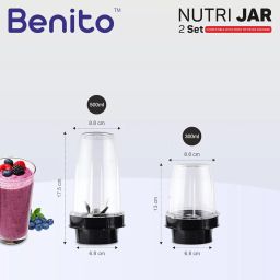 Benito NUTRI BULLET JAR Unbreakable Polycarbonate 2 set for Mixer Grinder, Smoothies Maker Mixi-Grinder (500ml & 300ml) Which Comes With 2 Lock & 4 Teeth Coupler (Free Cover Caps) image 1