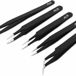 5 Pcs ESD Precision Multifunction Tweezers Set, Upgraded Anti-Static Professional Tweezers Precision for Eyebrows, Women, Splinter & Ingrown Hair Removal, Electronic Repairing, Soldering & Crafting Tool Kit (Powder Coated)-12