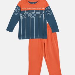 Sweet Dreams Boys Navy Blue & Rust Orange Printed Pyjama Set-image-1