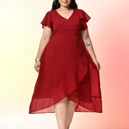PrettyPlus by Desinoor.com Plus Size Striped Georgette Wrap Midi Dress image 2