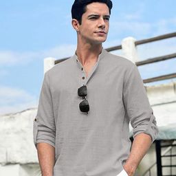 EdinWolf Men India Slim Fit Band Collar Solid Cotton Casual Shirt-picture-19