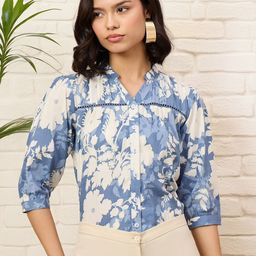Moda Rapido Women Floral Print Mandarin Collar Puff Sleeve Cotton Top-picture-27