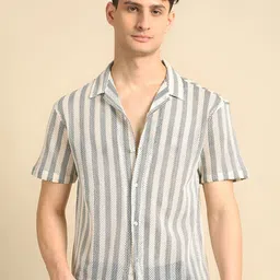 Voroxy Men Smart Cuban Collar Vertical Striped Cotton Casual Shirt-image-64
