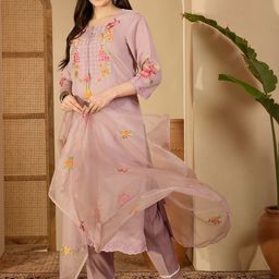 Sangria Women Cotton Blend Embroidered Kurta Sets With Dupatta-picture-1