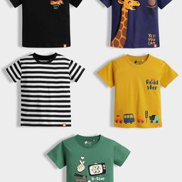 Orange Sugar Kids Pack of 5 Graphic Printed Round Neck Cotton T-shirts-picture-5