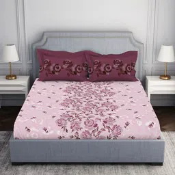 SPACES Pink & Maroon Floral 144 TC King Bedsheet with 2 Pillow Covers-image-83