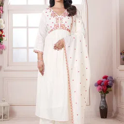 KALINI Floral Embroidered V-Neck Pleated A-line Kurta with Trouser & Dupatta-picture-6