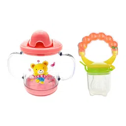 Kritiu Set Of 2 Baby Sippy Spout Cup With Handles -200 ml & Rattle Fruit Feeder-19