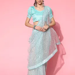 KAVINDI Checked Sequinned  Embroidery Work Net Saree image 1