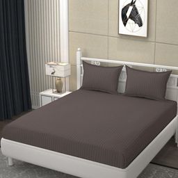 RIDHAAN Camel Brown & Grey Striped 210 TC King Bedsheet with 2 Pillow Covers-5