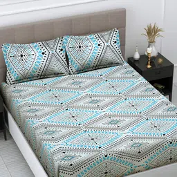Myntra Elegant Homes White & Blue Geometric Printed 300 TC King Bedsheet Set 2.7 m x 2.7 m-image-22