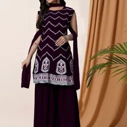 PARROT CREATION Chevron Embroidered Georgette A-Line Kurti With Palazzo And Dupatta-image-20
