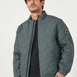 Styli Grey Chevron Quilted High Neck Puffer Jacket-image-11