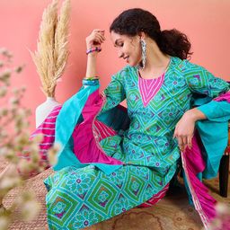 Sangria Bandhani Printed Pure Cotton Round Neck Kurta With Trousers & Ruffled Dupatta-7