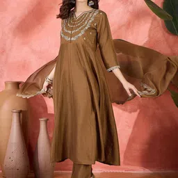 Sangria Embroidered V-Neck Kurta, Trousers & Dupatta Set-37