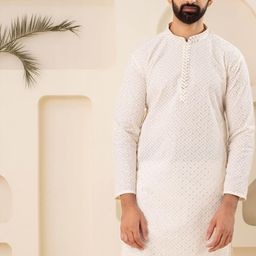 Pulseiq Men Geometric Embroidered Festive Cotton Straight Kurta-image-78