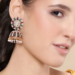Anouk Gold-Plated Artificial Stones Studded & Beaded Dome Shaped Jhumkas-18