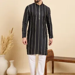 House of Pataudi Sequinnce Embellished Mandarin Collar Straight Chanderi Silk Kurta-picture-54
