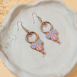 WHE Wooden Fabric & Artificial Beaded Circular Shaped Drop Earrings-3