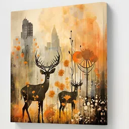 Livin'luxe Orange Colored & Black Deer Printed Canvas Wall Art-34