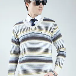 Monte Carlo Men Striped V Neck Woollen Pullover-picture-20