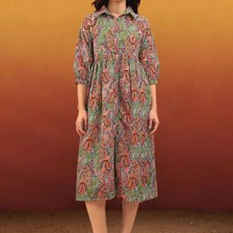 PURVAJA Women Shirt Collar Paisley Print Puff Sleeve Fit & Flare Cotton Dress-picture-32