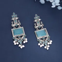 Brado Jewellery Silver-Plated Stones Studded and Pearls Beaded Square Shaped Drop Earrings-image-9