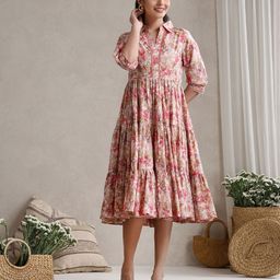 Khushal K Women Floral Print Puff Sleeve A-Line Midi Dress-picture-47