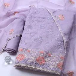 Meena Bazaar Floral Embroidered Thread Work Organza Unstitched Dress Material-99
