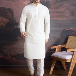 House of Pataudi Ethnic Motifs Embroidered Mandarin Collar Straight Kurta With Pyjamas-image-23