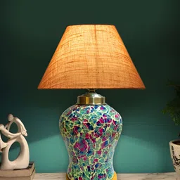 Aura Beige & Green Frustum Shape Glass & Wooden Table Lamp-27