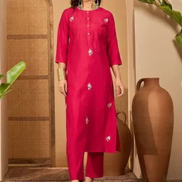 Sangria Women Embroidered Gota Work Straight Kurta & Trousers With Dupatta-image-71