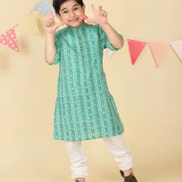 Fabindia Boys Floral Block Printed Band Collar Straight Cotton Kurta-46