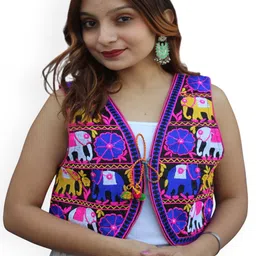 Prijam Women Collarless Self Design Ethnic Denim Jacket-image-46
