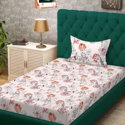 Myntra Elegant Homes Cream-Coloured & Red Floral 300 TC Single Bedsheet with 1 Pillow Covers-image-64
