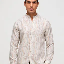 Red Flame Men Band Collar Abstract Printed Cotton Linen Casual Shirt-image-27