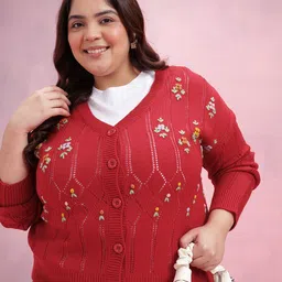 DressBerry Curve Floral Self Design V-Neck Cardigan-picture-34