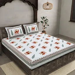 BED-SHEET.COM Grey & Red Ethnic Motifs 144 TC King Bedsheet with 2 Pillow Covers-image-2