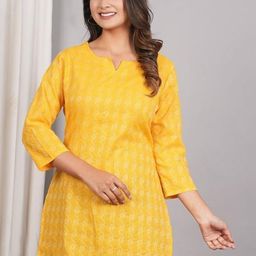 PUSHPRAJ FASHION Women's Self Design Cotton Round Neck Three-Quarter Sleeves Regular Fit Striped Design Kurta Set (Yellow -2XL)-picture-6