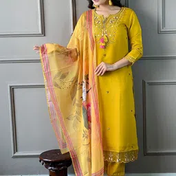 KALINI Women Floral Embroidered Regular Thread Work Chanderi Cotton Kurta with Trousers & With Dupatta-picture-28