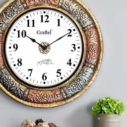 CRAFTEL Gold-Toned & Grey Textured Analogue Round Shaped Vintage Wall Clock-18