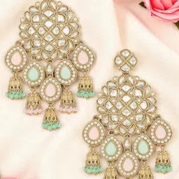 OOMPH Kundan Stones Studded & Beaded Floral Jadau Drop Earrings-44